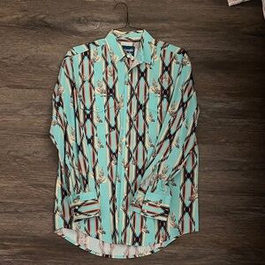 MEDIUM Wrangler Men's Aqua and Black Striped Shirt